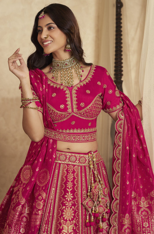 Royal Pink Banarasi Silk Sequins & Swarovski Work Bridal Lehenga for Wedding