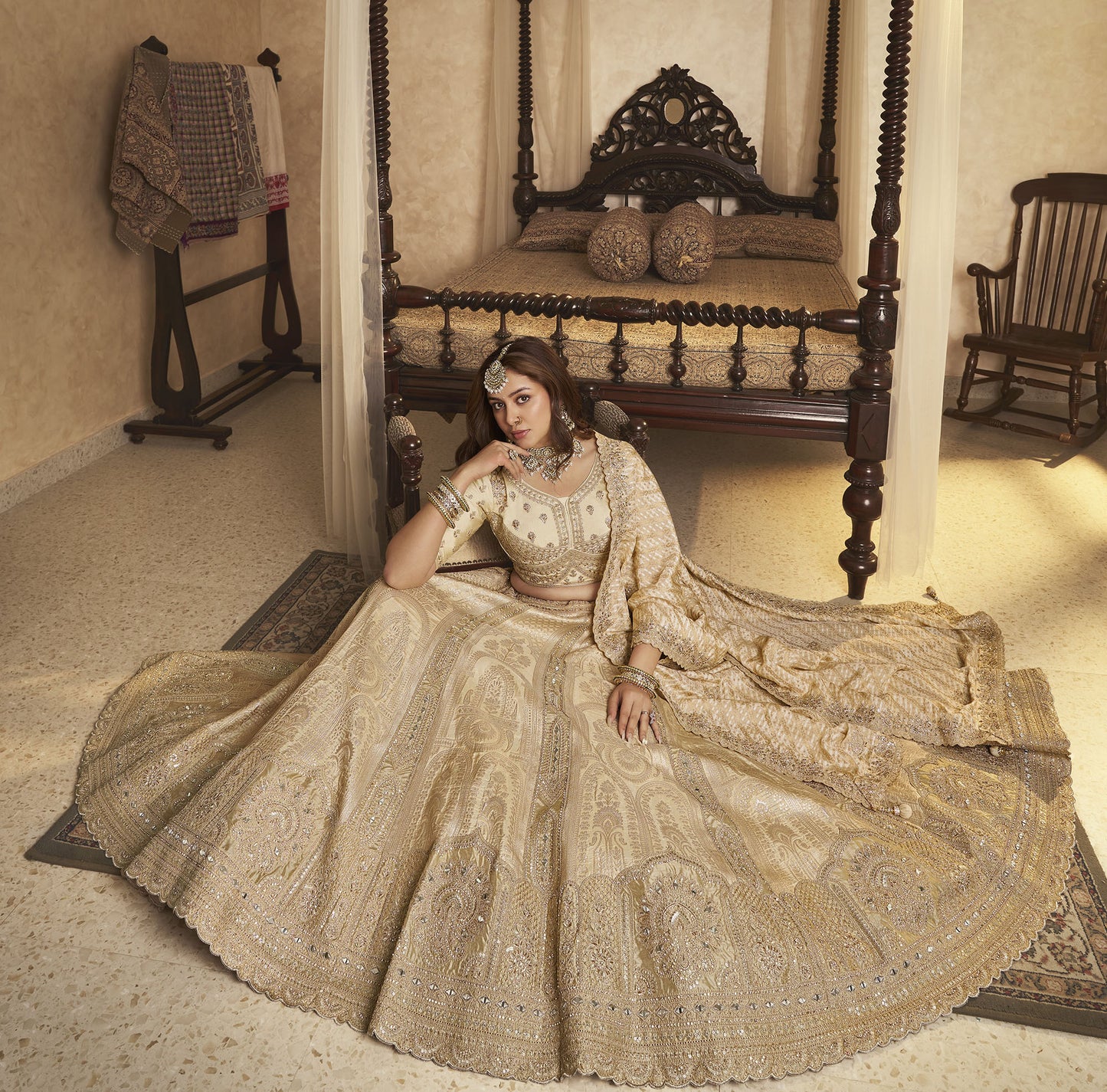 Beige Banarasi Silk Sequins & Swarovski Work Bridal Lehenga