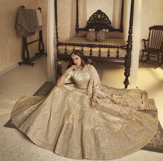 Beige Banarasi Silk Sequins & Swarovski Work Bridal Lehenga