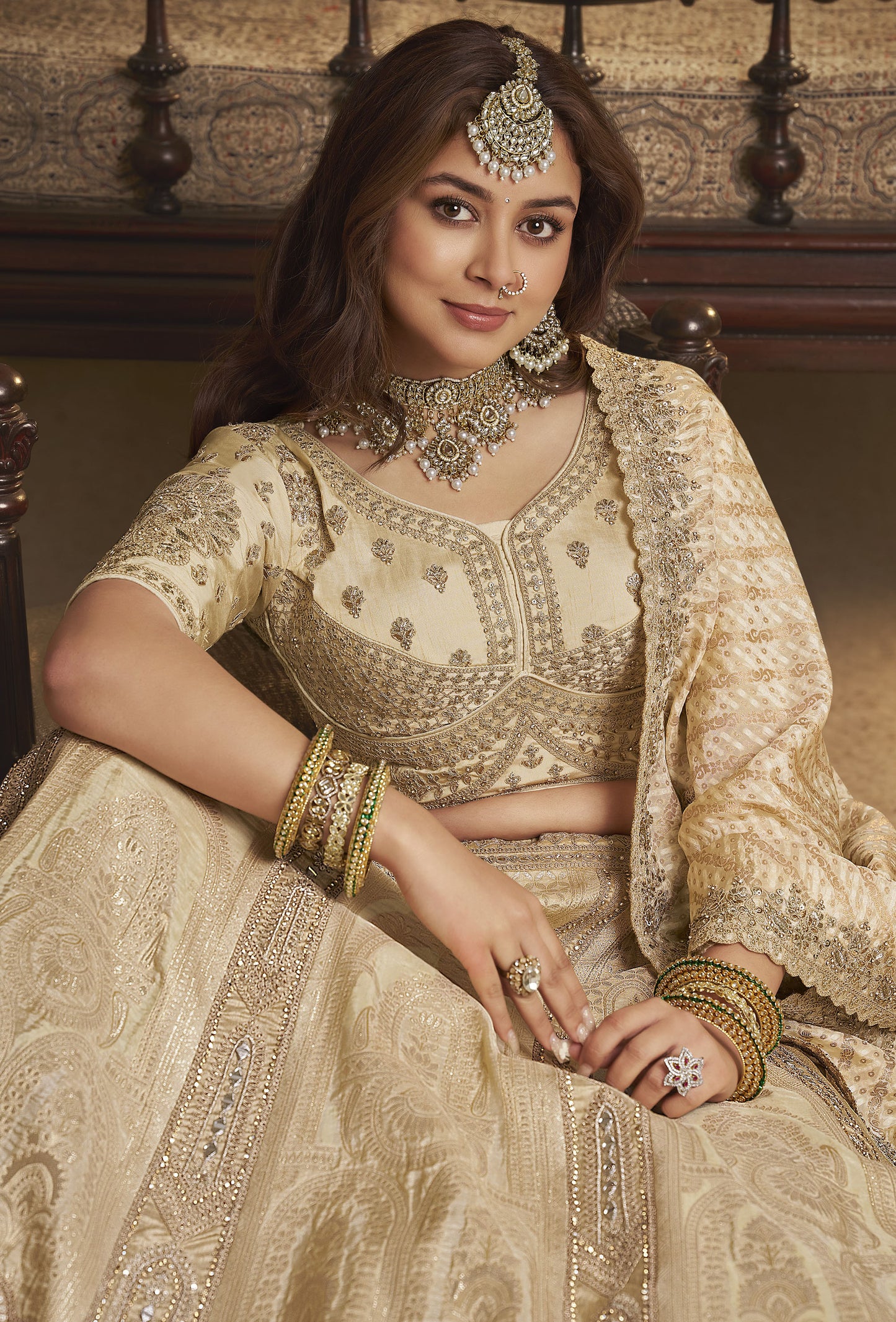 Beige Banarasi Silk Sequins & Swarovski Work Bridal Lehenga