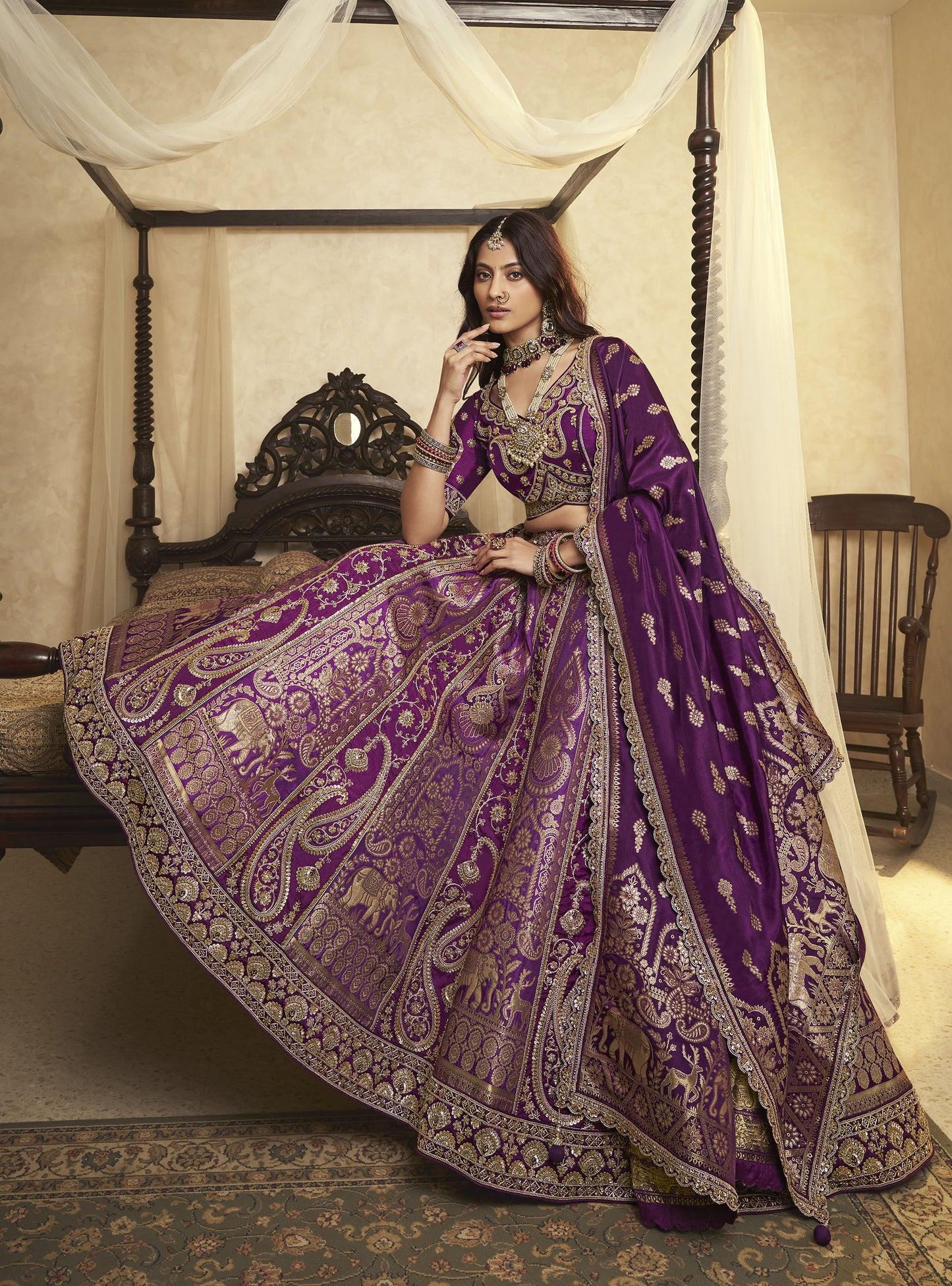 Purple Banarasi Silk Sequins & Swarovski Work Bridal Lehenga