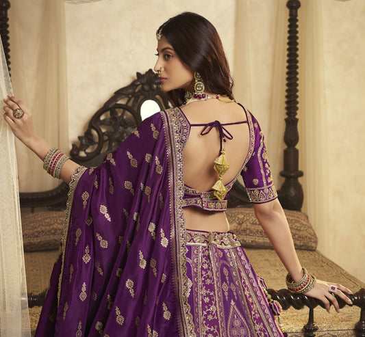 Purple Banarasi Silk Sequins & Swarovski Work Bridal Lehenga
