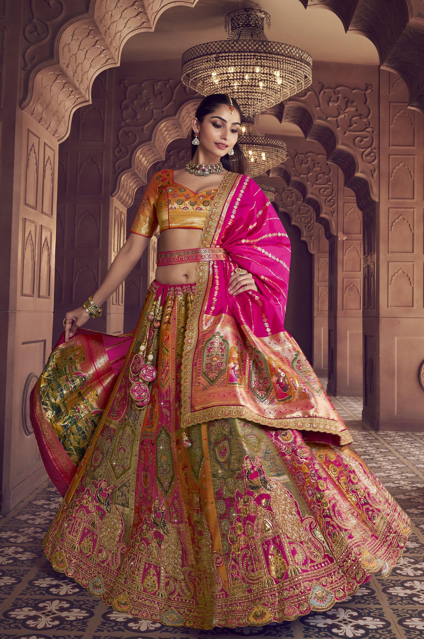 Orange & Pink Banarasi Silk Zarkan and Cutwork Embroidery Bridal Lehenga