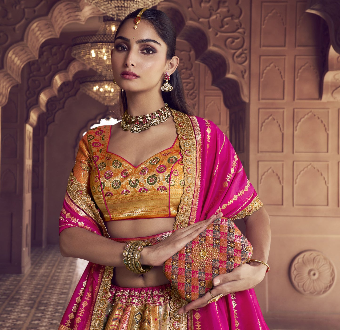 Orange & Pink Banarasi Silk Zarkan and Cutwork Embroidery Bridal Lehenga