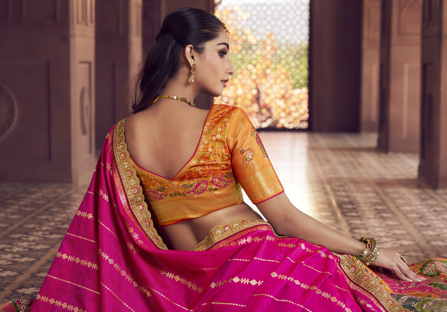 Orange & Pink Banarasi Silk Zarkan and Cutwork Embroidery Bridal Lehenga