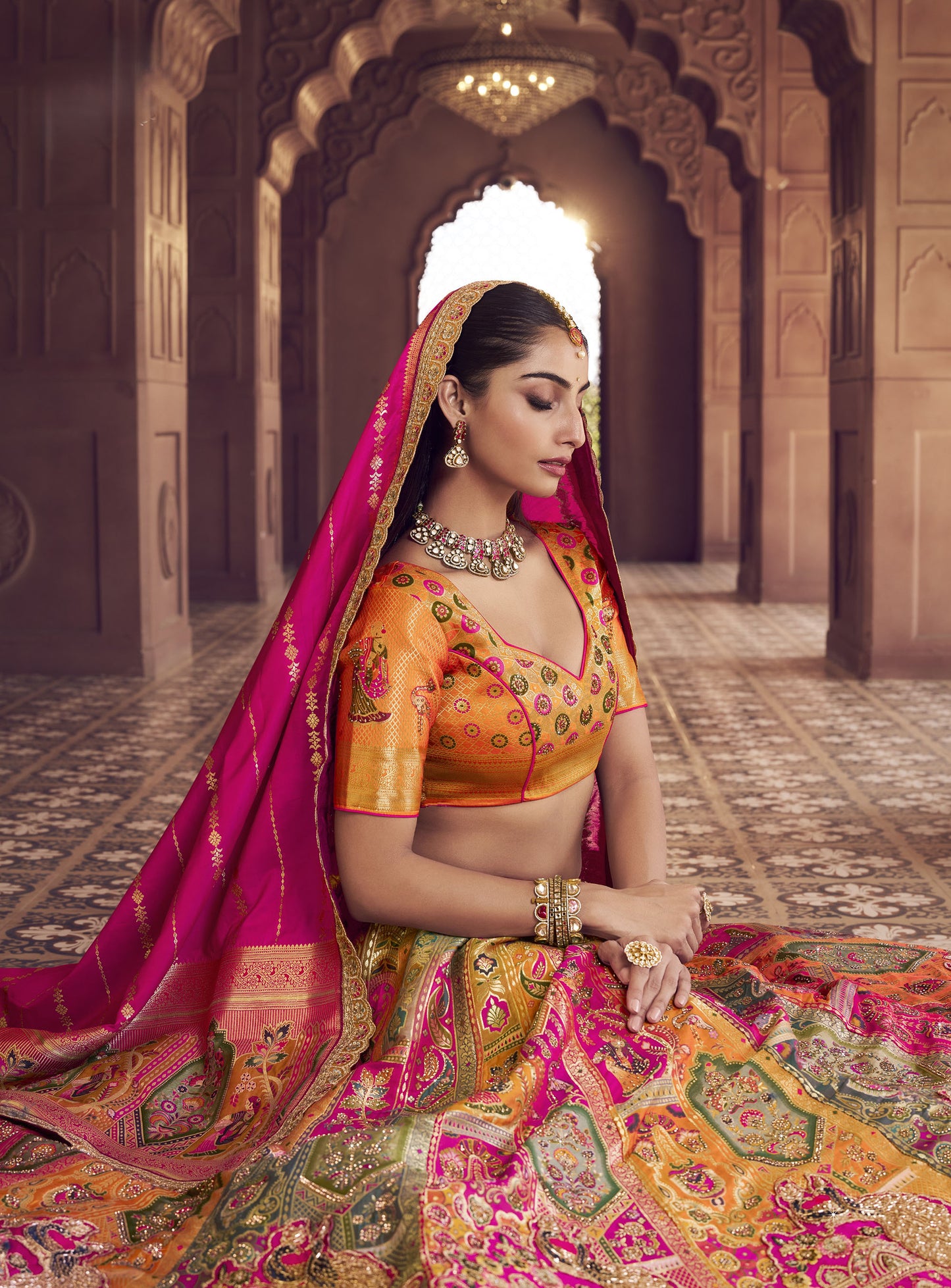 Orange & Pink Banarasi Silk Zarkan and Cutwork Embroidery Bridal Lehenga