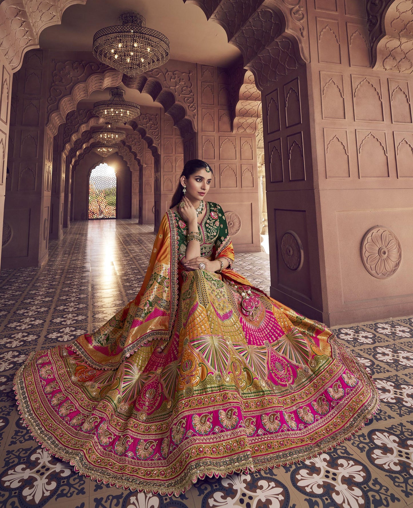 Orange & Green Banarasi Silk Zarkan and Cutwork Embroidery Bridal Lehenga