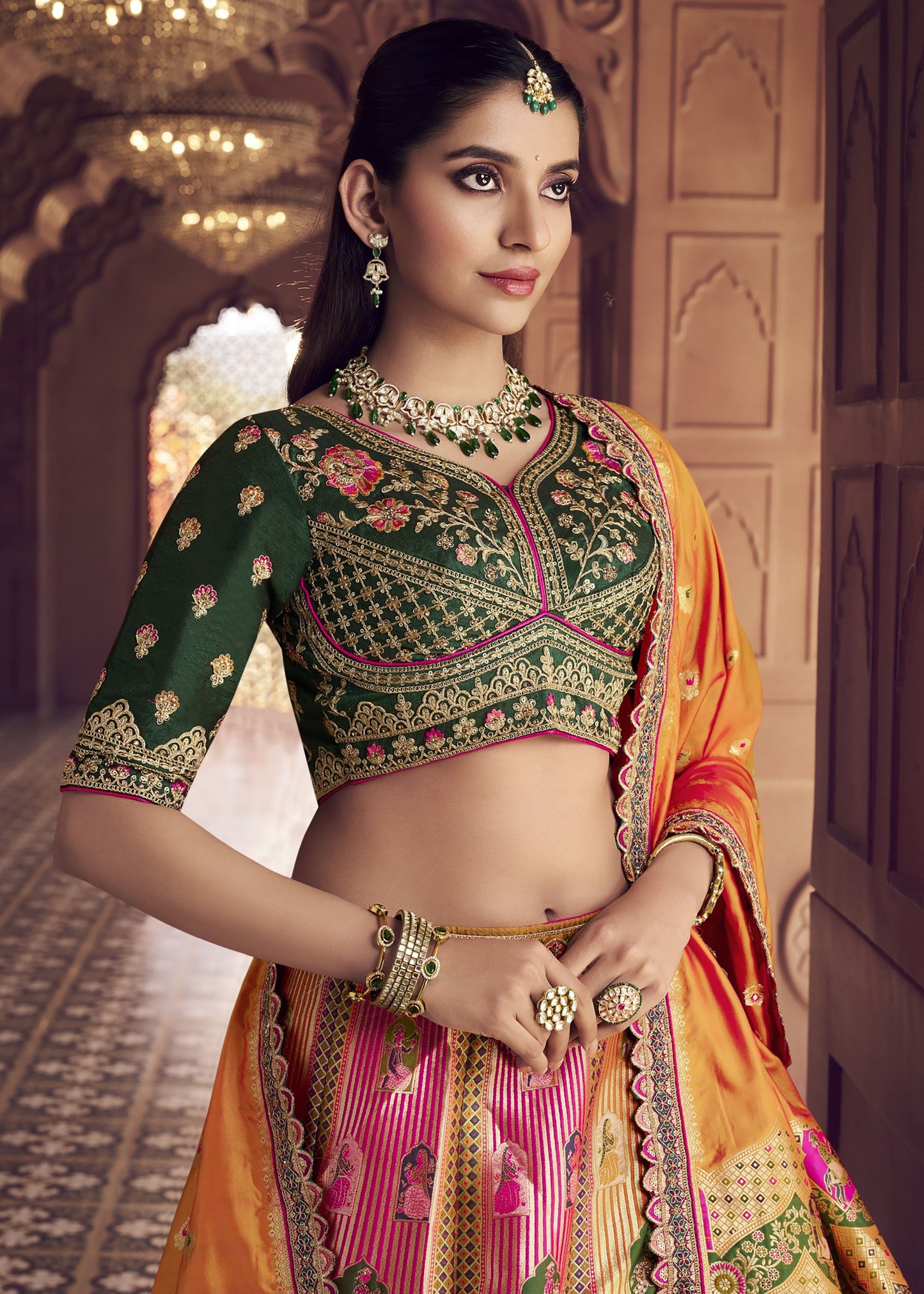 Orange & Green Banarasi Silk Zarkan and Cutwork Embroidery Bridal Lehenga
