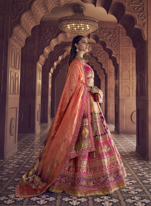Pink Banarasi Silk Zarkan and Cutwork Embroidery with Peach Dupatta Bridal Lehenga