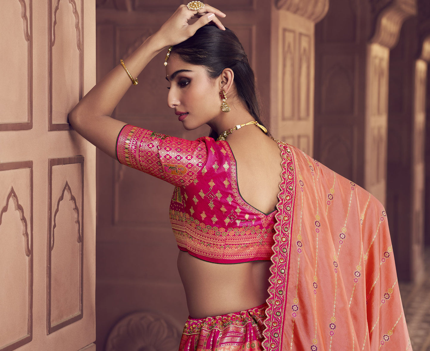 Peach & Pink Banarasi Silk Zarkan and Cutwork Embroidery Bridal Lehenga