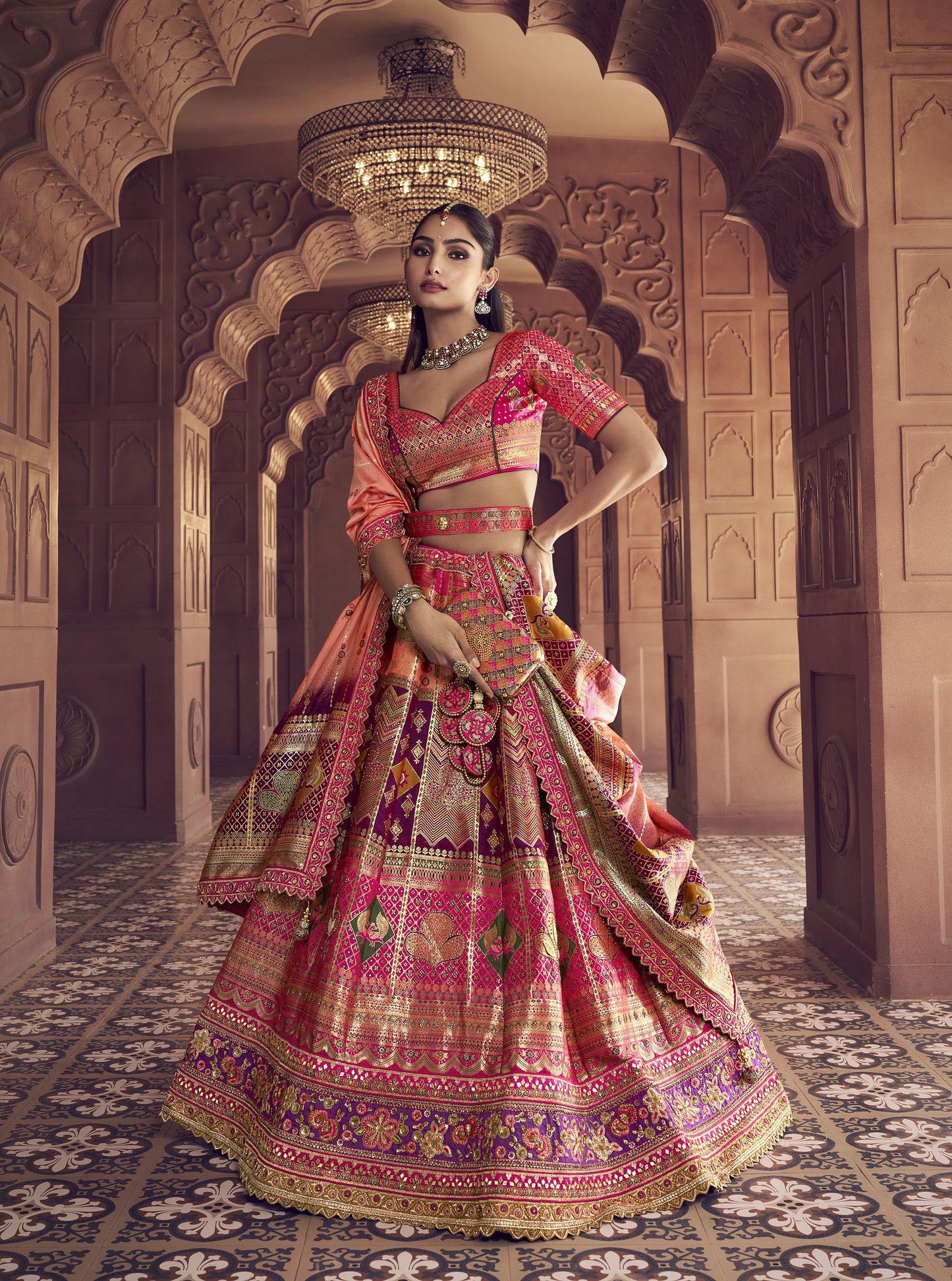 Peach & Pink Banarasi Silk Zarkan and Cutwork Embroidery Bridal Lehenga