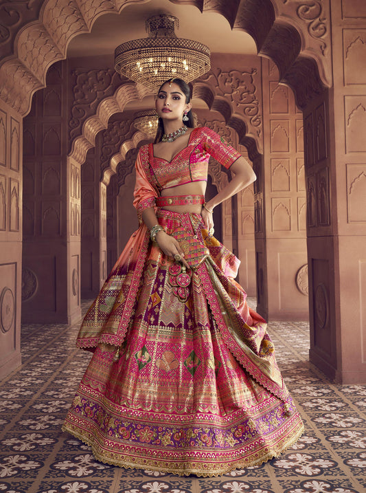 Pink Banarasi Silk Zarkan and Cutwork Embroidery with Peach Dupatta Bridal Lehenga