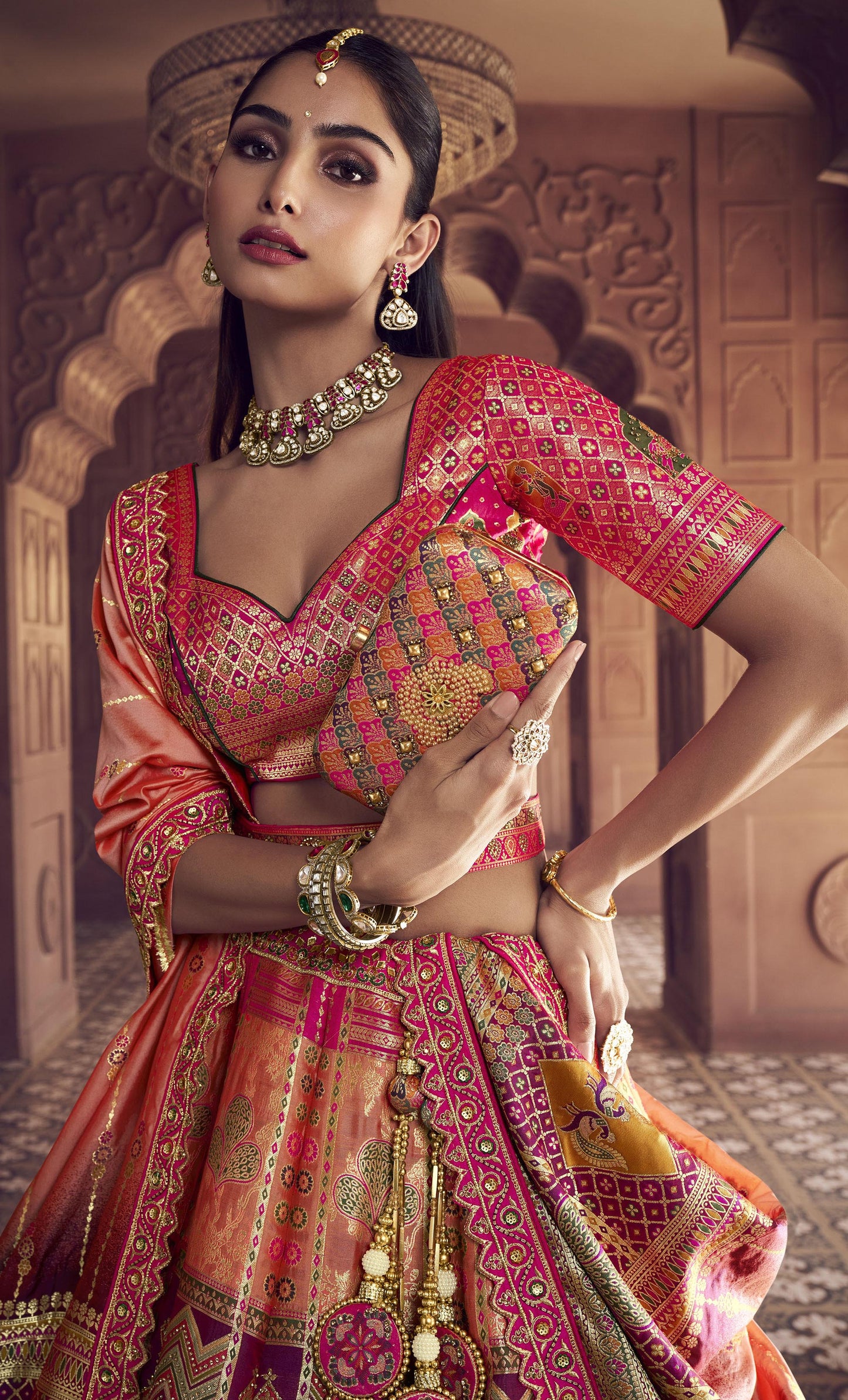Pink Banarasi Silk Zarkan and Cutwork Embroidery with Peach Dupatta Bridal Lehenga