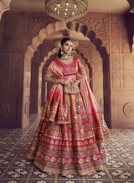 Beige & Pink Banarasi Silk Zarkan and Cutwork Embroidery Bridal Lehenga