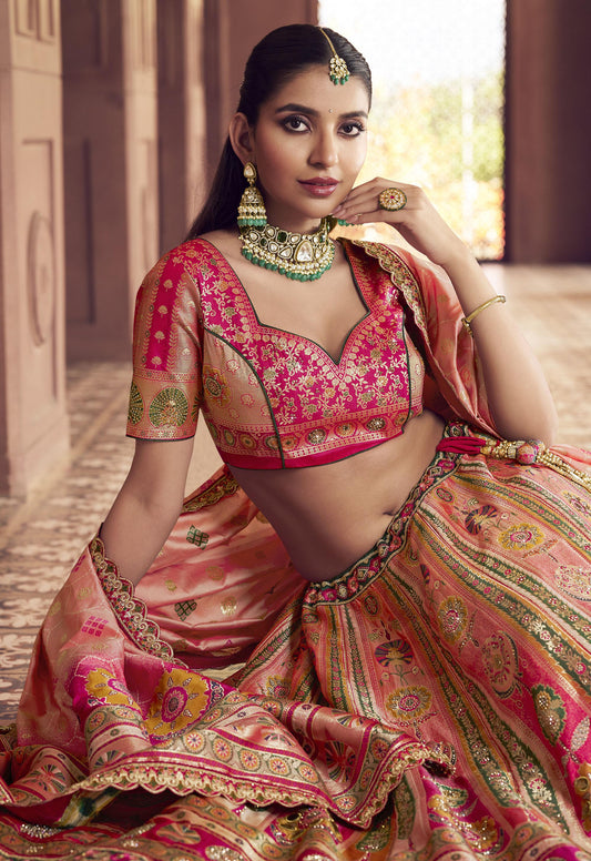 Beige & Pink Banarasi Silk Zarkan and Cutwork Embroidery Bridal Lehenga