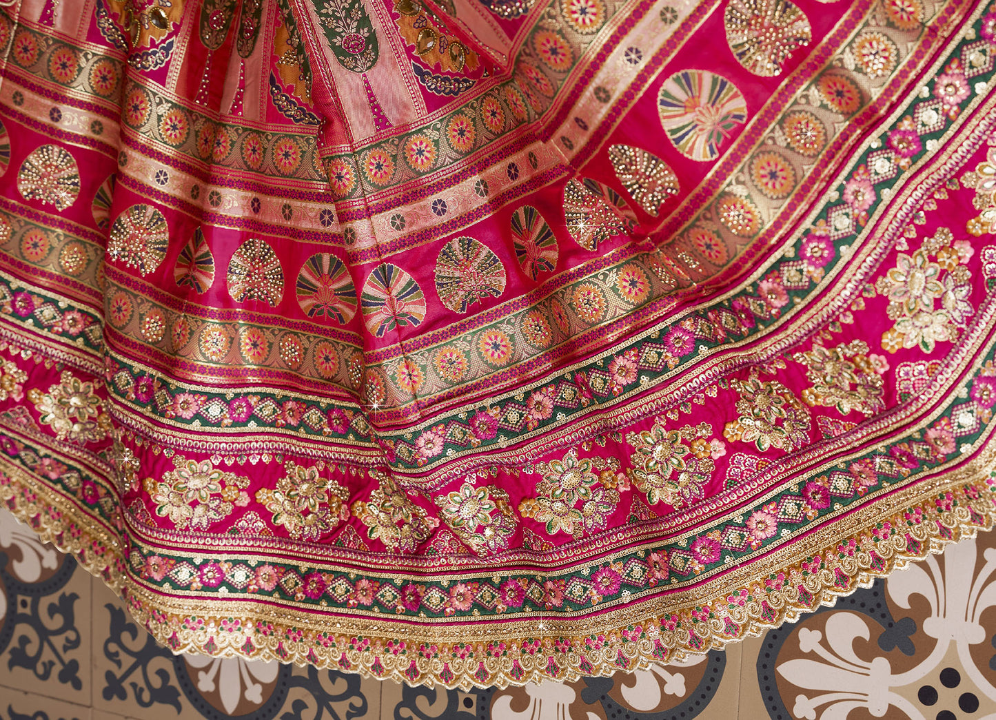 Beige & Pink Banarasi Silk Zarkan and Cutwork Embroidery Bridal Lehenga