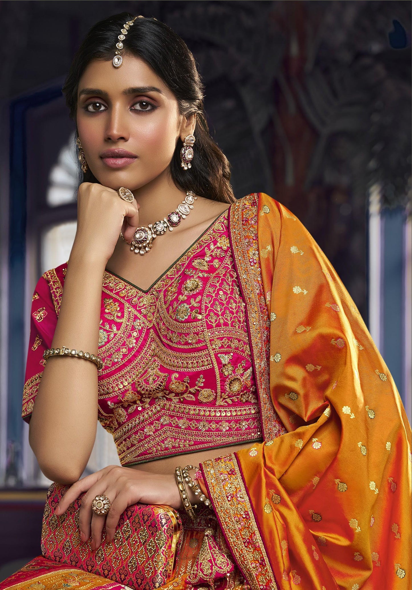 Pink & Yellow Banarasi Silk Sequins & Swarovski Work Bridal Lehenga