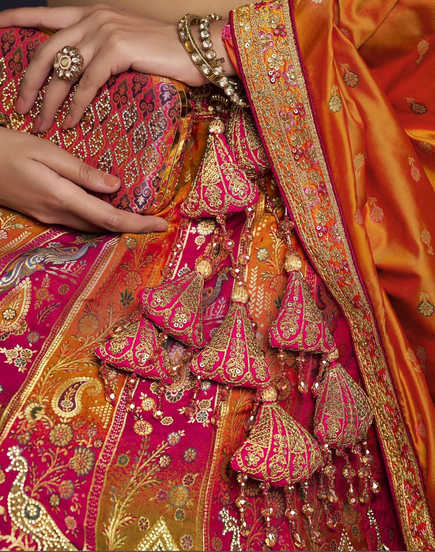 Pink & Yellow Banarasi Silk Sequins & Swarovski Work Bridal Lehenga