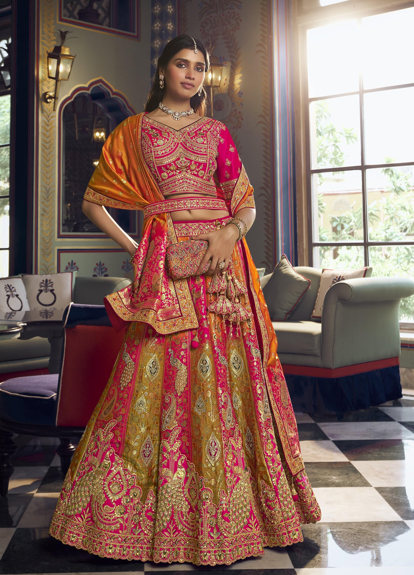 Pink & Yellow Banarasi Silk Sequins & Swarovski Work Bridal Lehenga