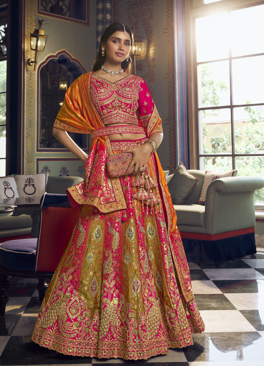 Pink & Yellow Banarasi Silk Sequins & Swarovski Work Bridal Lehenga