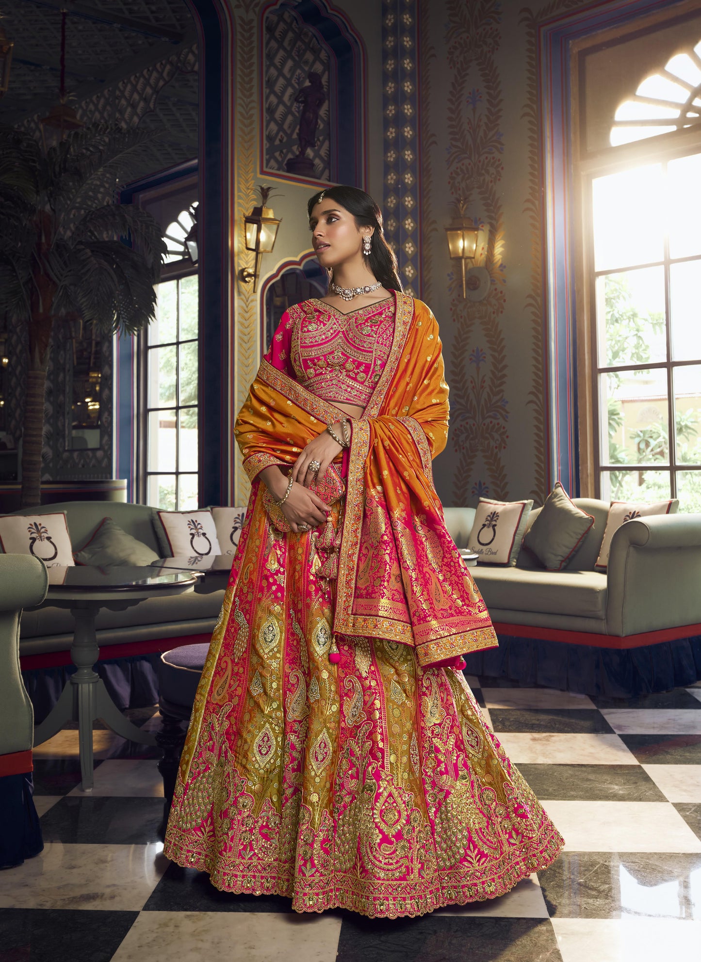Pink & Yellow Banarasi Silk Sequins & Swarovski Work Bridal Lehenga