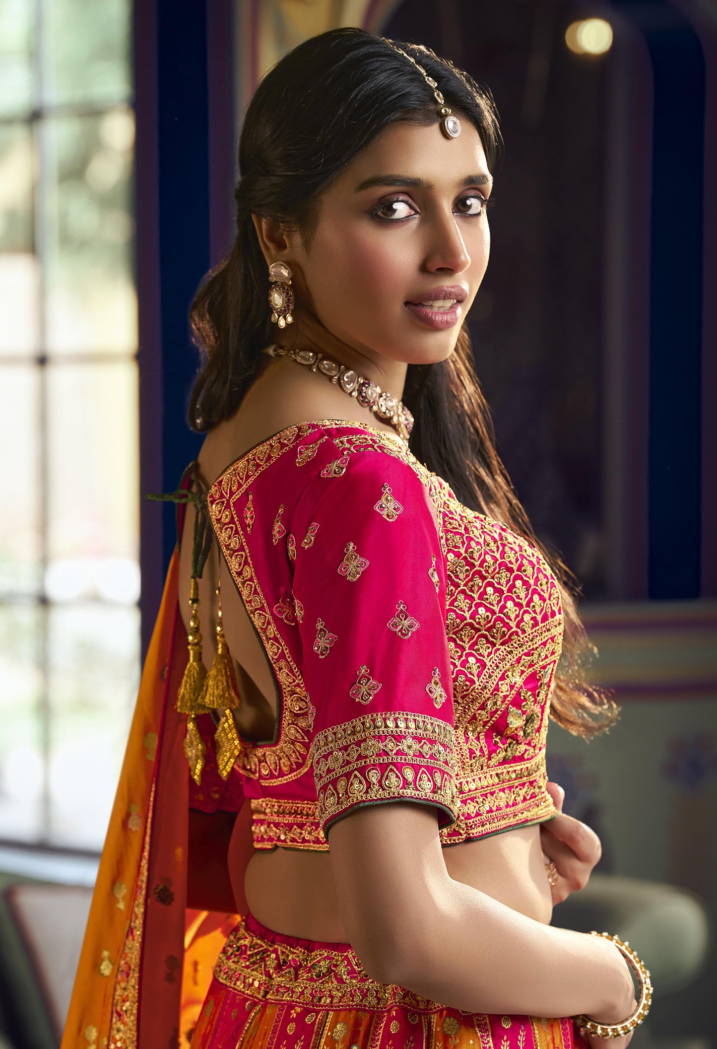 Pink & Yellow Banarasi Silk Sequins & Swarovski Work Bridal Lehenga