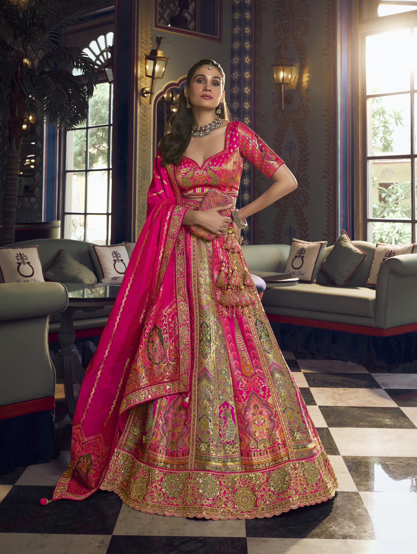 Dark Pink & Beige Banarasi Silk Sequins & Swarovski Work Bridal Lehenga