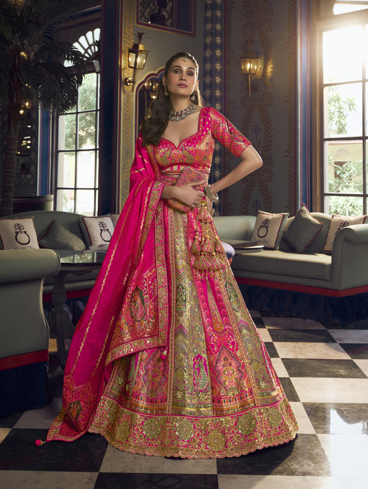 Dark Pink & Beige Banarasi Silk Sequins & Swarovski Work Bridal Lehenga