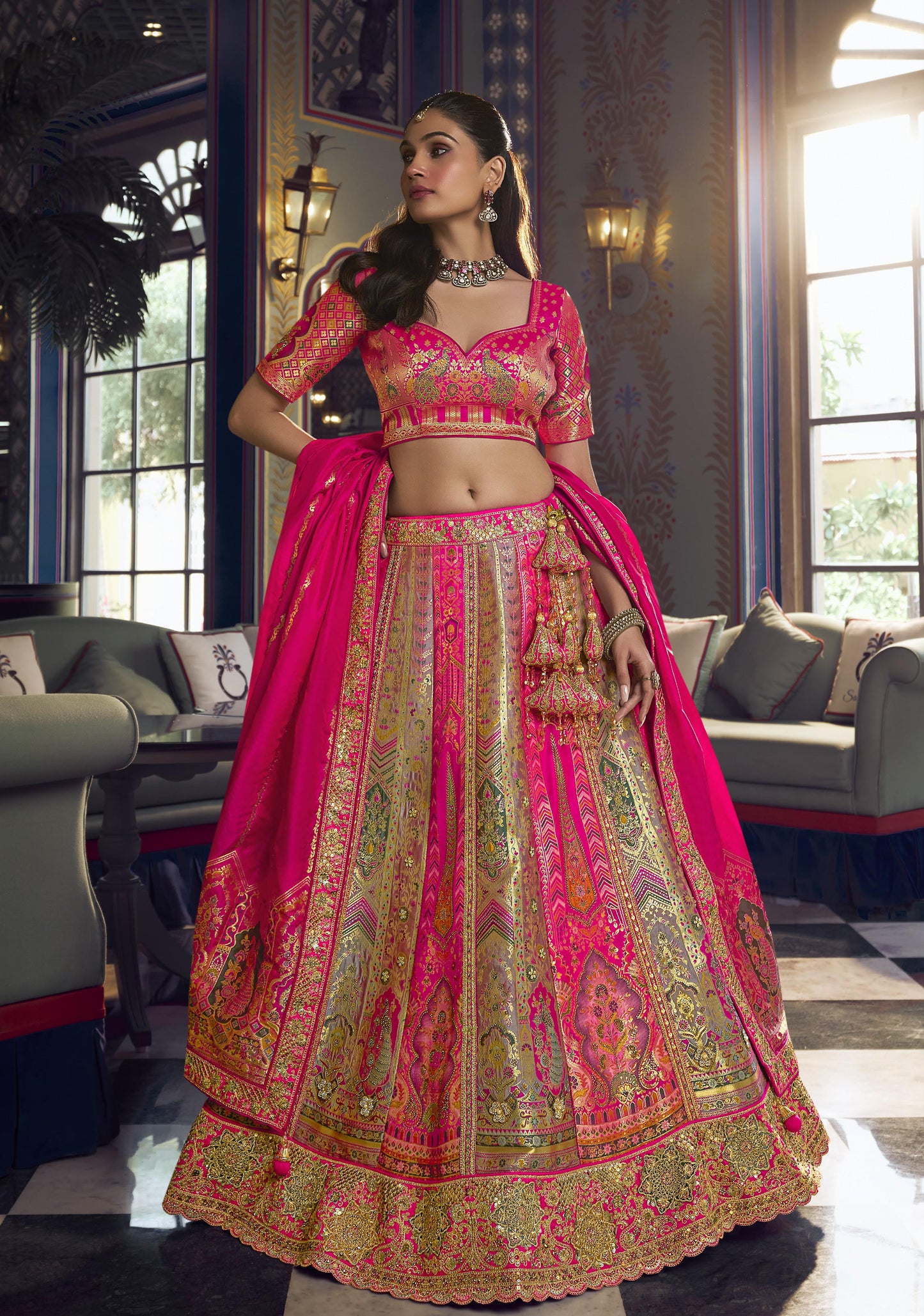 Dark Pink & Beige Banarasi Silk Sequins & Swarovski Work Bridal Lehenga