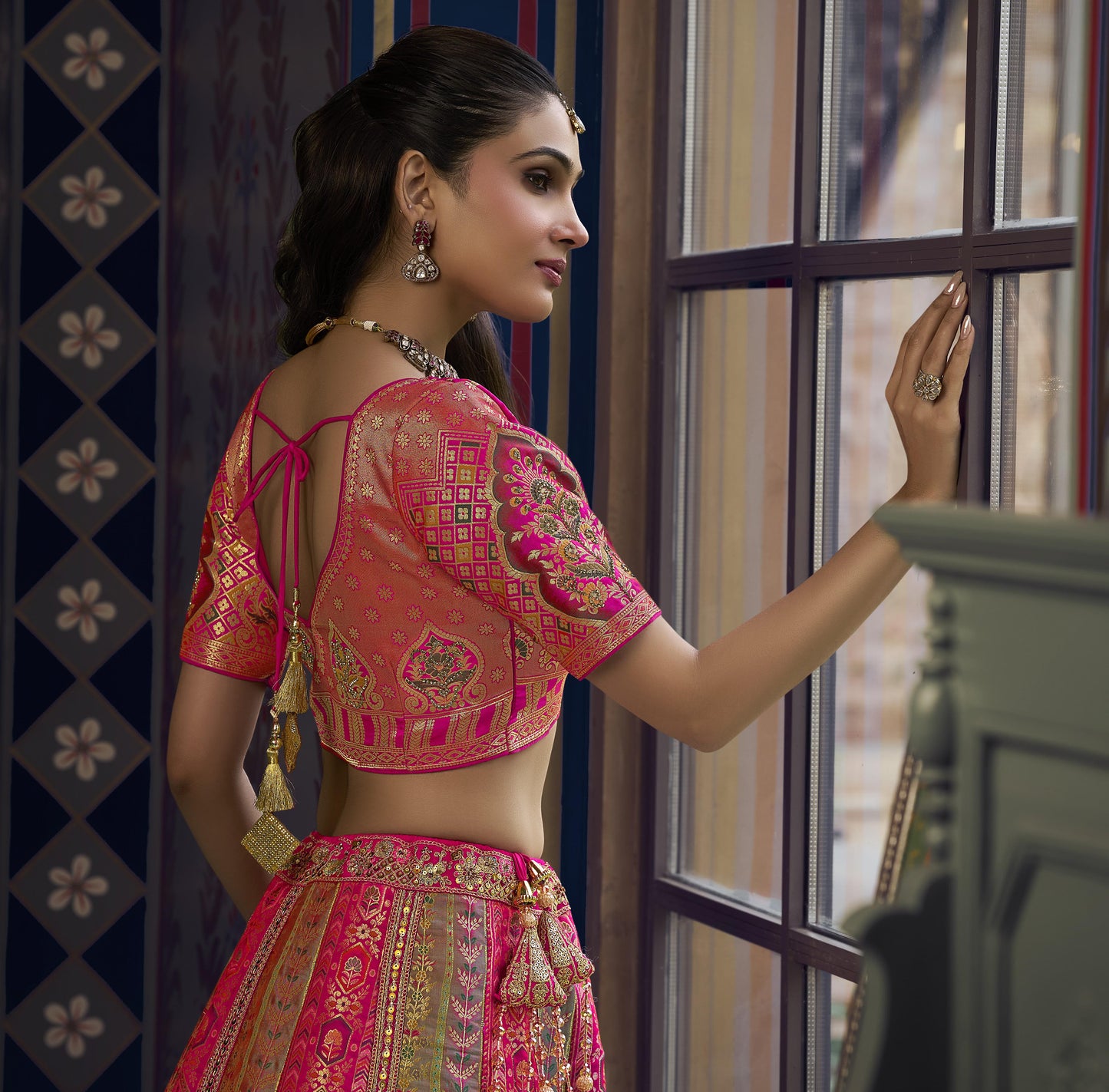 Dark Pink & Beige Banarasi Silk Sequins & Swarovski Work Bridal Lehenga