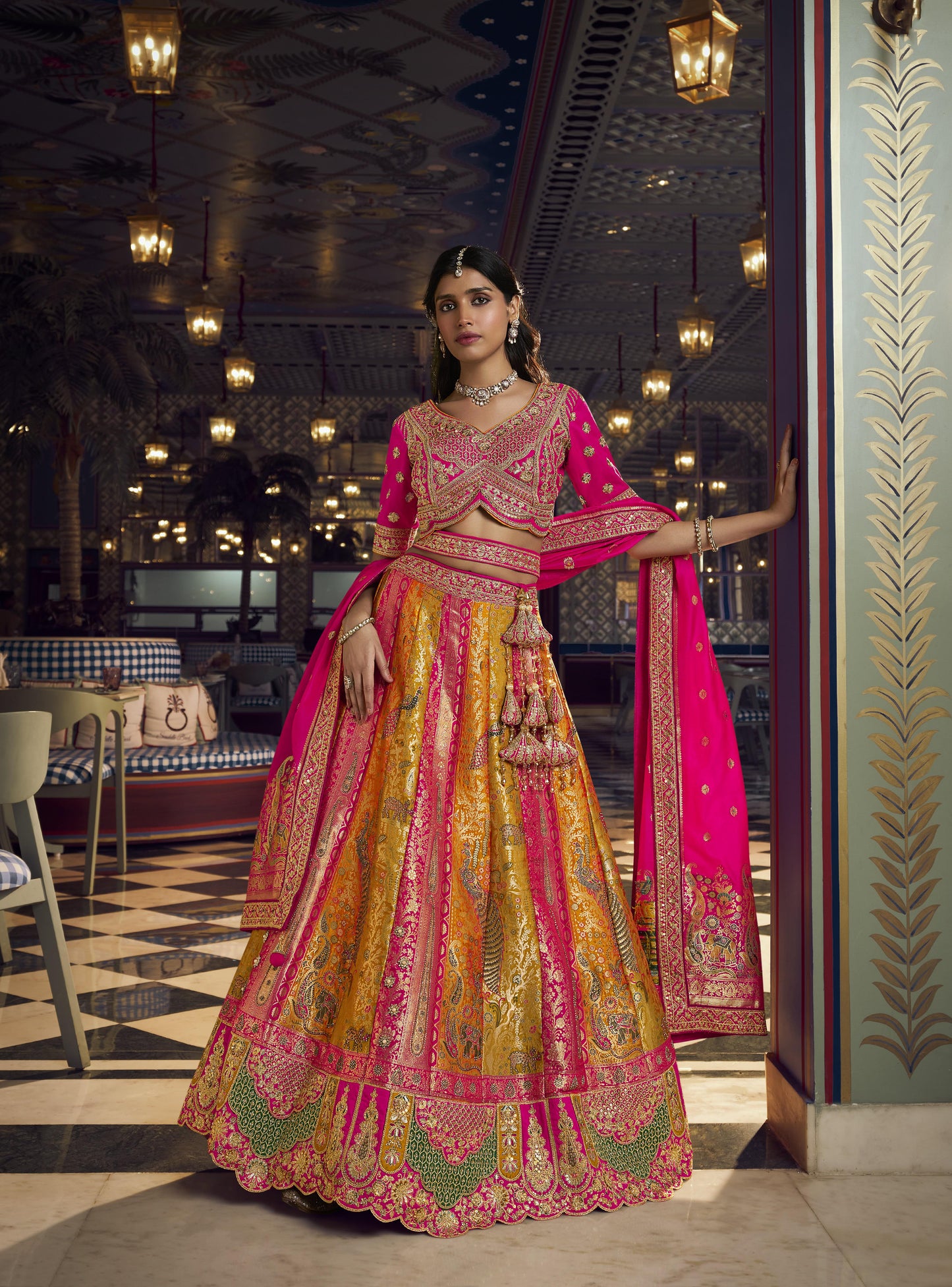 Dark Pink & Mustard Yellow Banarasi Silk Sequins & Swarovski Work Bridal Lehenga