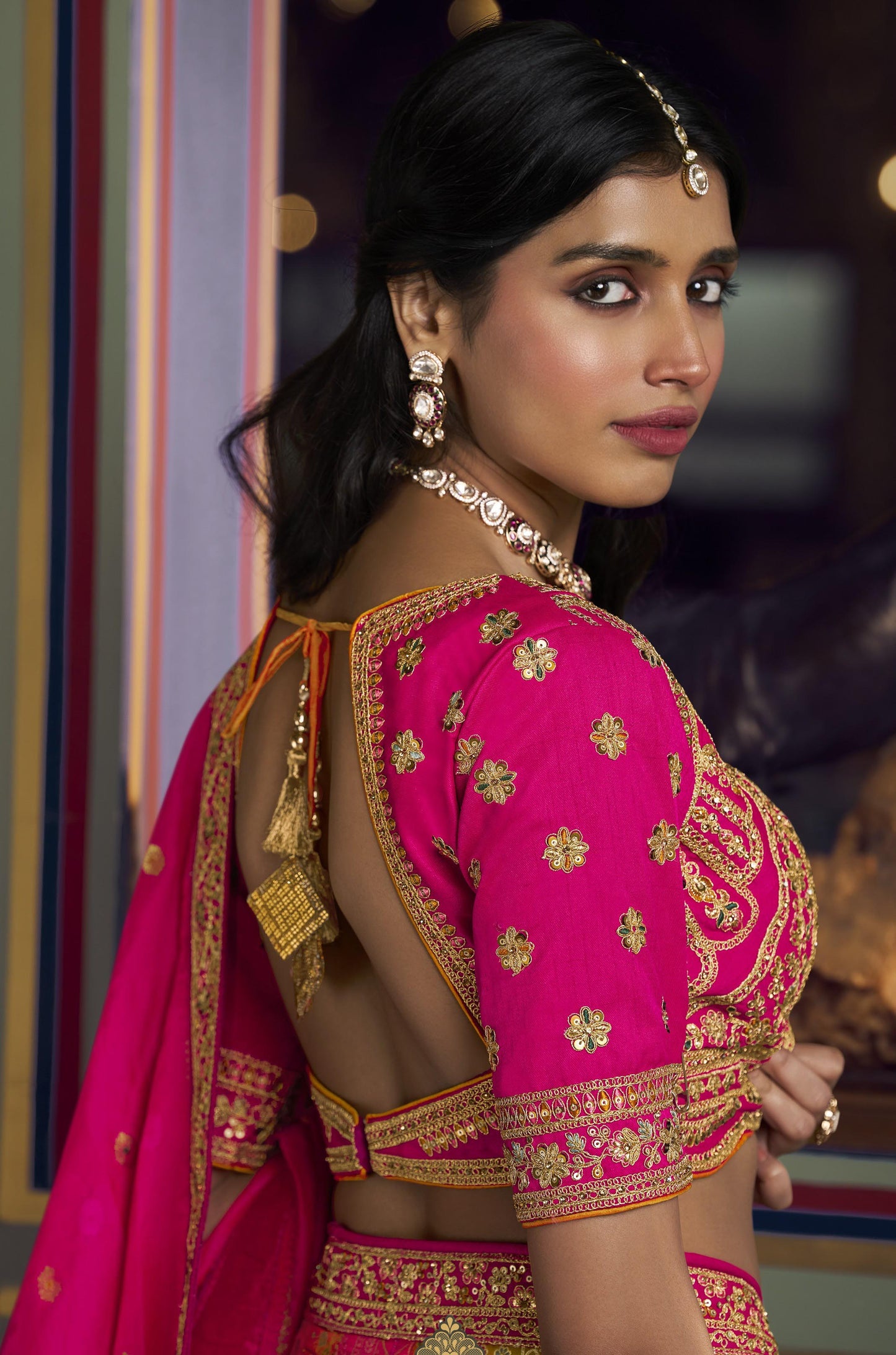 Dark Pink & Mustard Yellow Banarasi Silk Sequins & Swarovski Work Bridal Lehenga