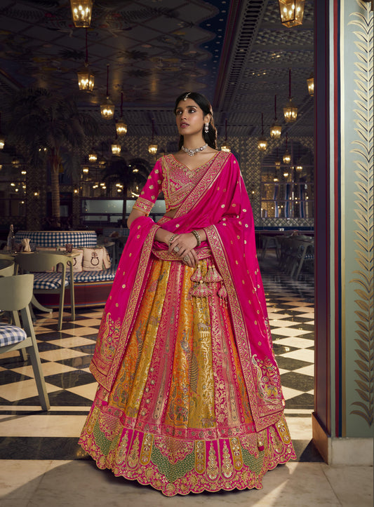 Dark Pink & Mustard Yellow Banarasi Silk Sequins & Swarovski Work Bridal Lehenga
