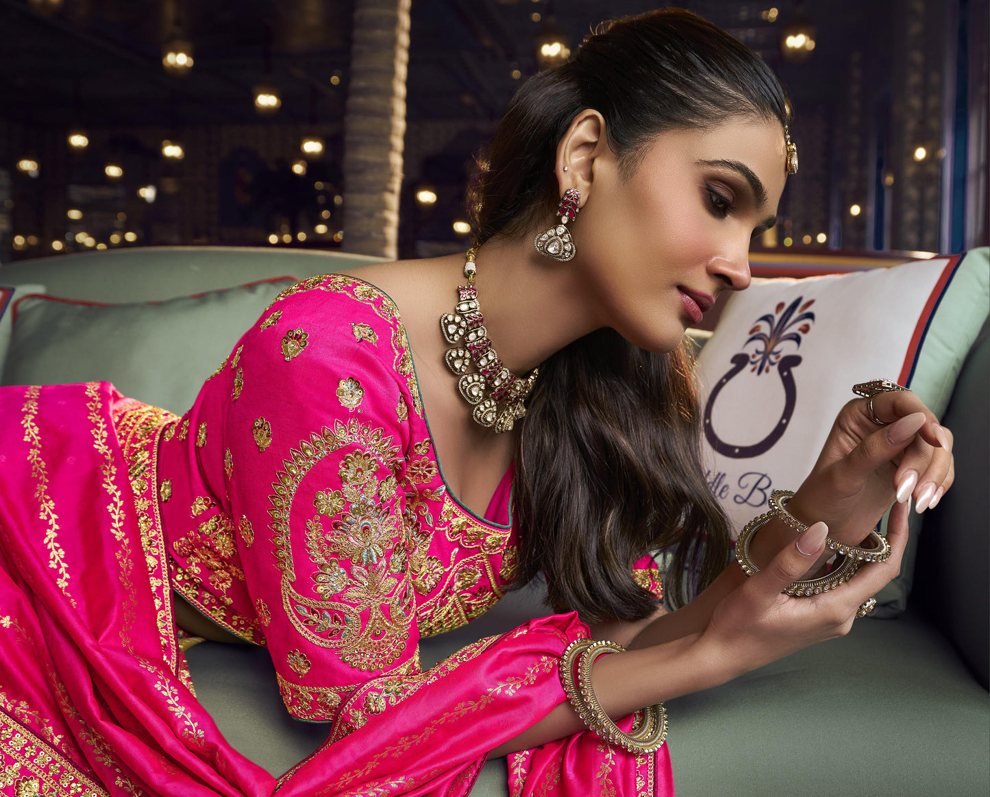 Mustard Yellow & Hot Pink Banarasi Silk Sequins & Swarovski Work Bridal Lehenga