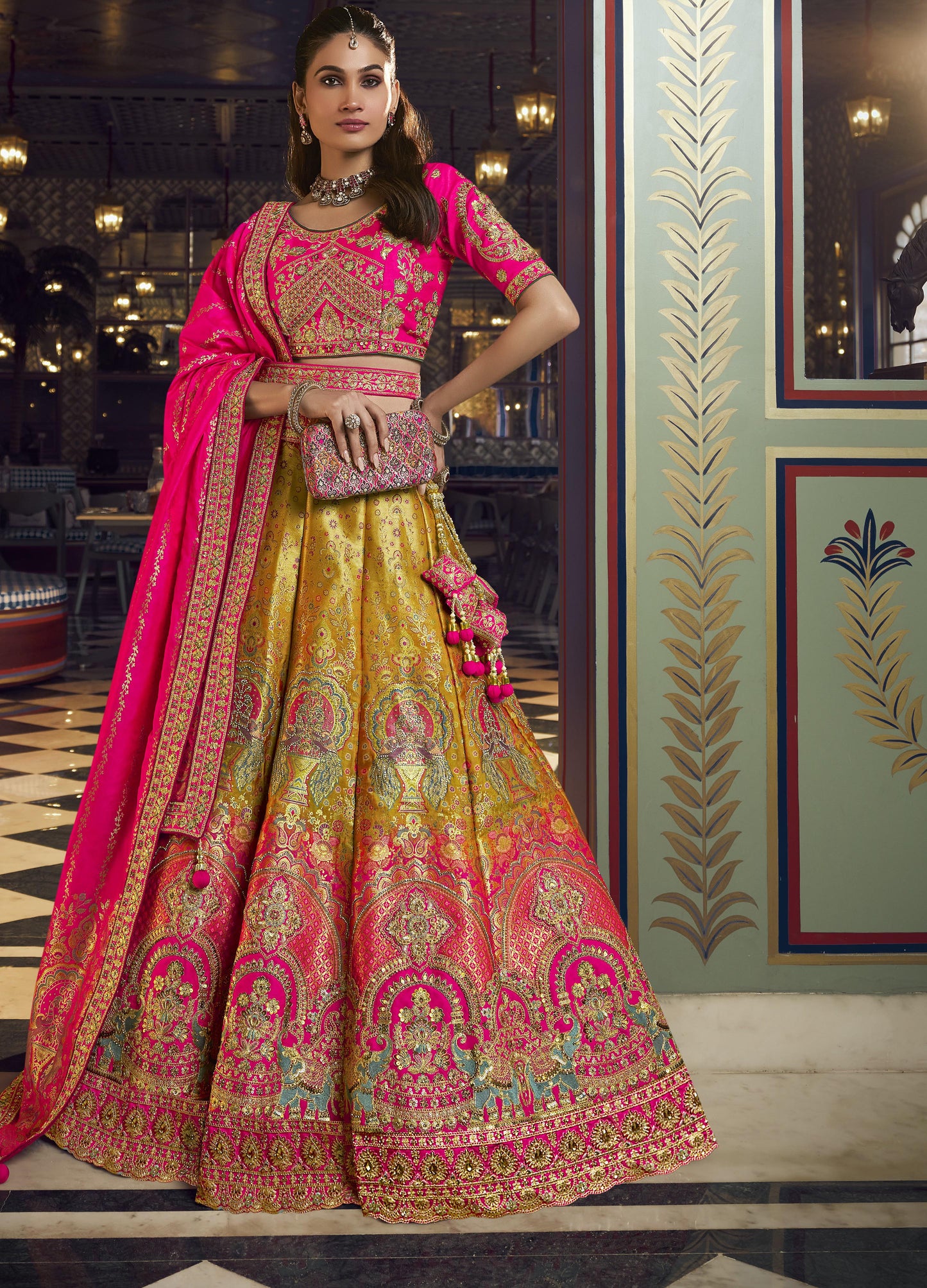 Mustard Yellow & Hot Pink Banarasi Silk Sequins & Swarovski Work Bridal Lehenga