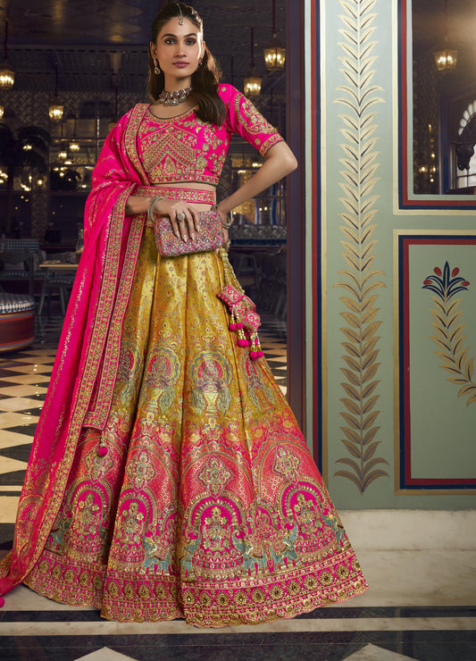 Mustard Yellow & Hot Pink Banarasi Silk Sequins & Swarovski Work Bridal Lehenga