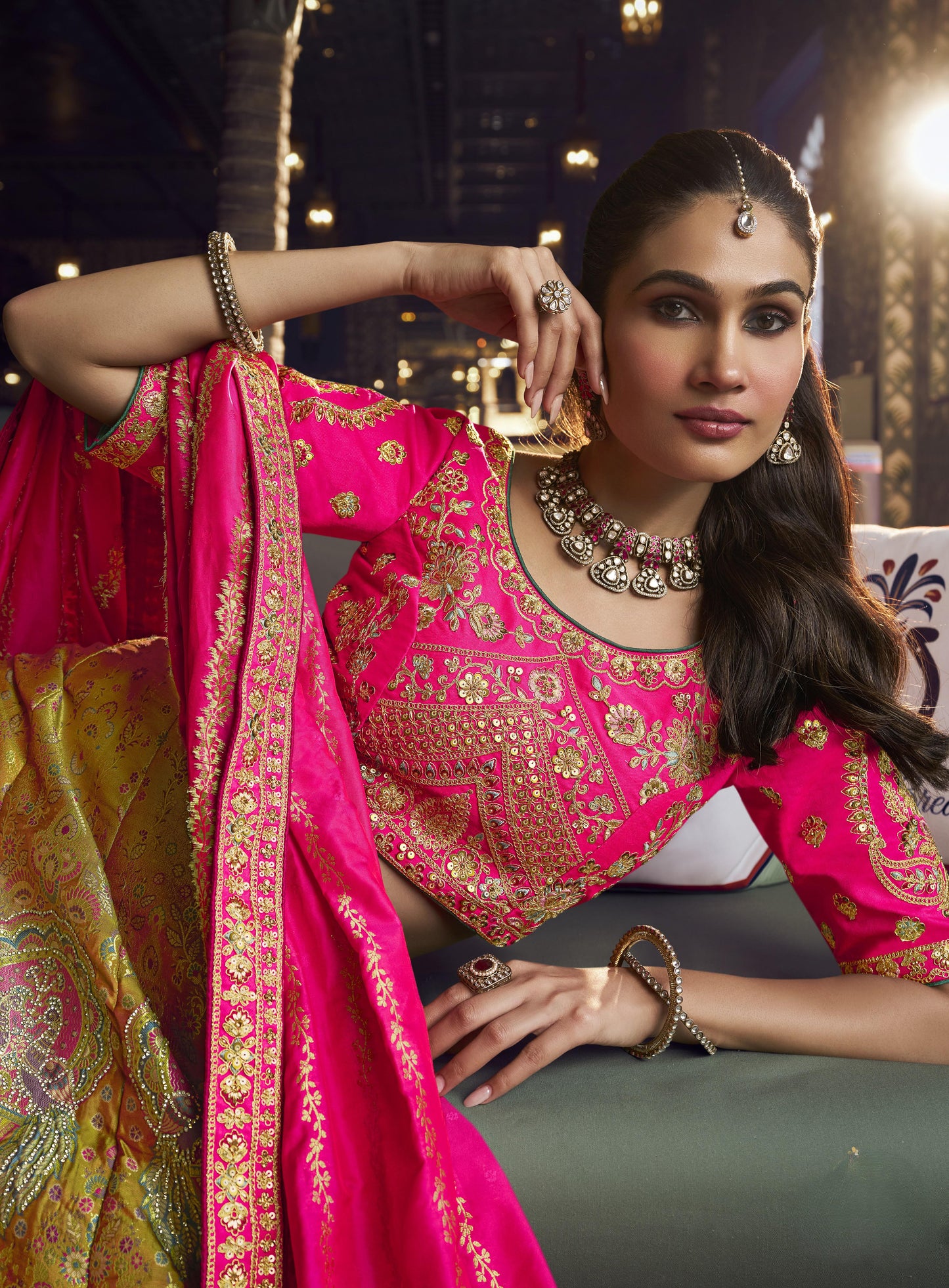 Mustard Yellow & Hot Pink Banarasi Silk Sequins & Swarovski Work Bridal Lehenga