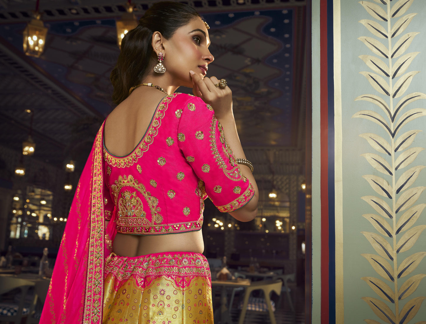 Mustard Yellow & Hot Pink Banarasi Silk Sequins & Swarovski Work Bridal Lehenga