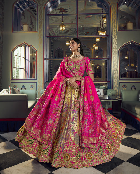 Hot Pink & Gold Banarasi Silk Sequins & Swarovski Work Bridal Lehenga