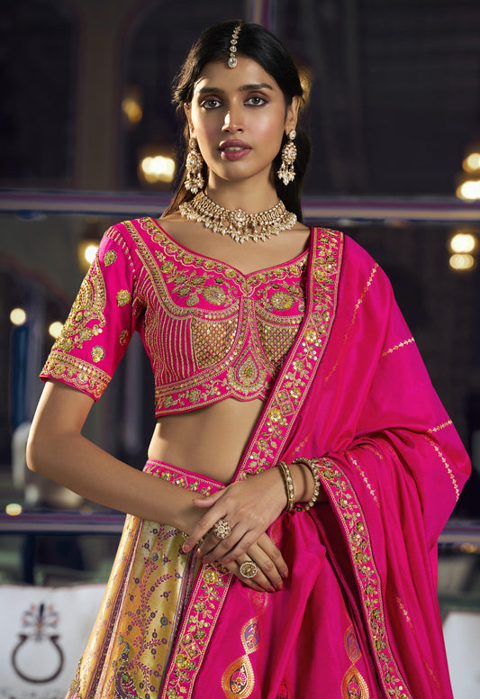 Hot Pink & Gold Banarasi Silk Sequins & Swarovski Work Bridal Lehenga