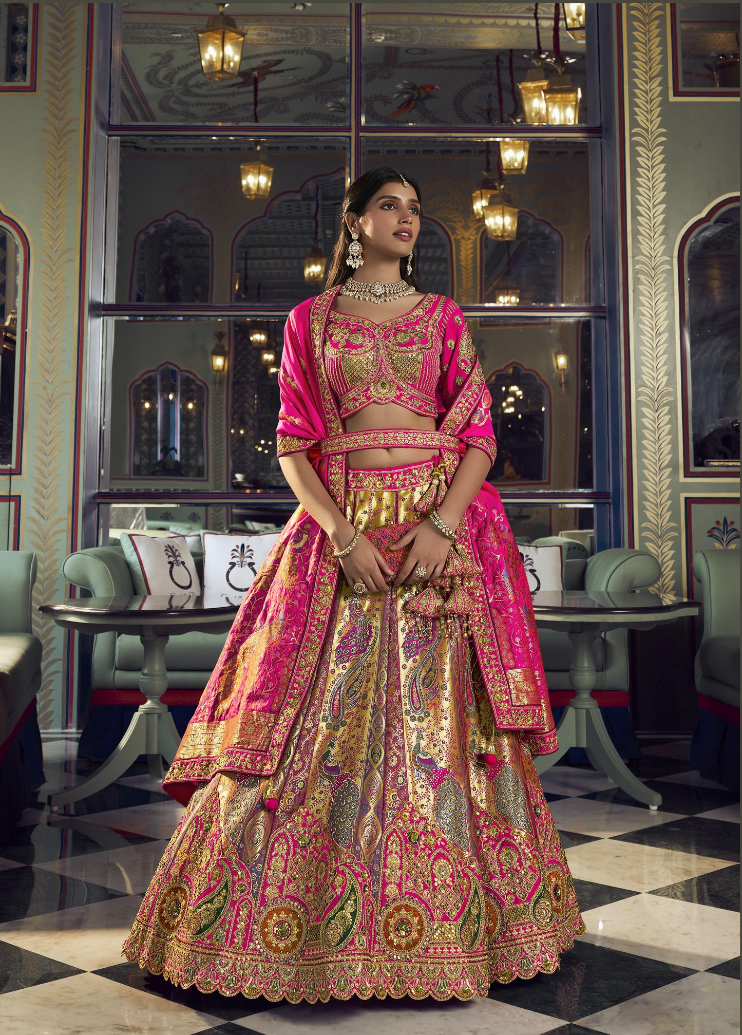 Hot Pink & Gold Banarasi Silk Sequins & Swarovski Work Bridal Lehenga