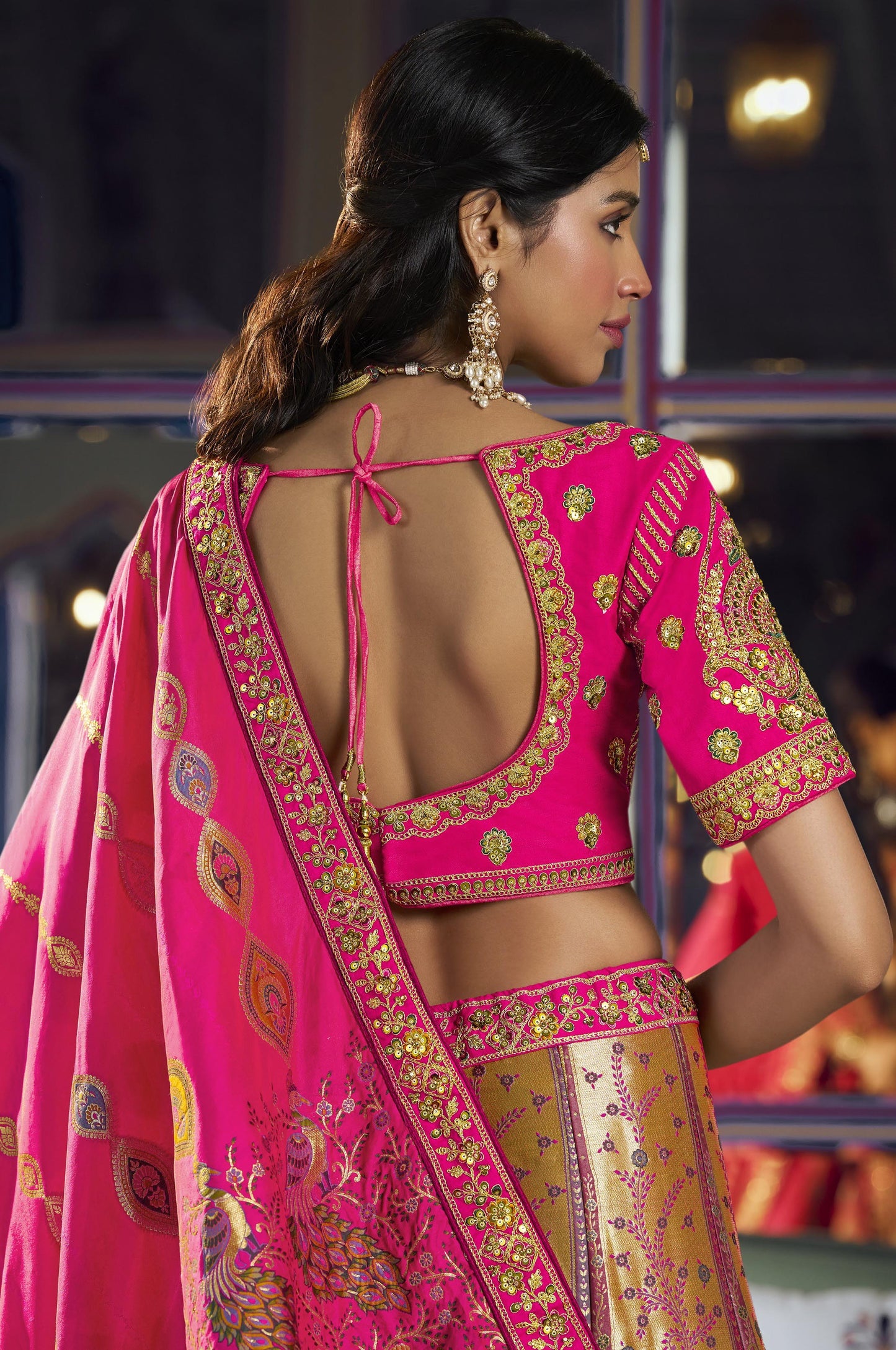 Hot Pink & Gold Banarasi Silk Sequins & Swarovski Work Bridal Lehenga