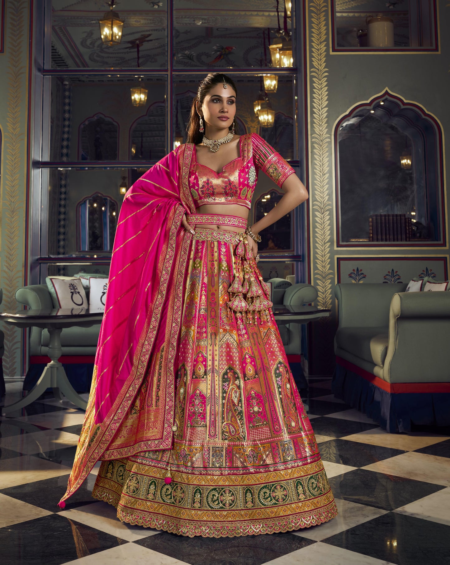 Multi Color Banarasi Silk Sequins & Swarovski Work Bridal Lehenga
