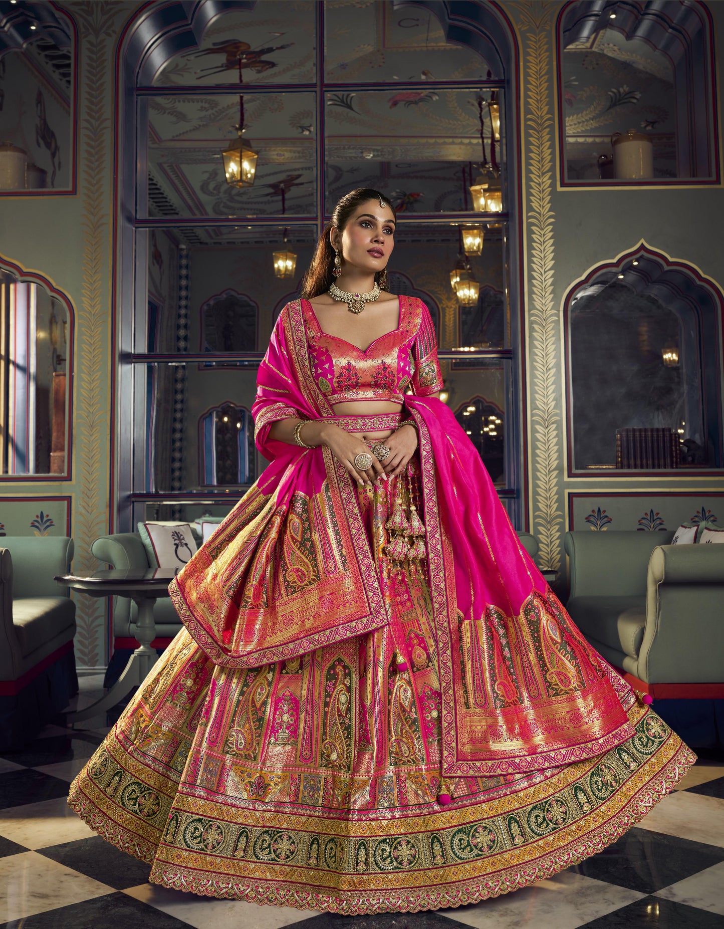 Multi Color Banarasi Silk Sequins & Swarovski Work Bridal Lehenga
