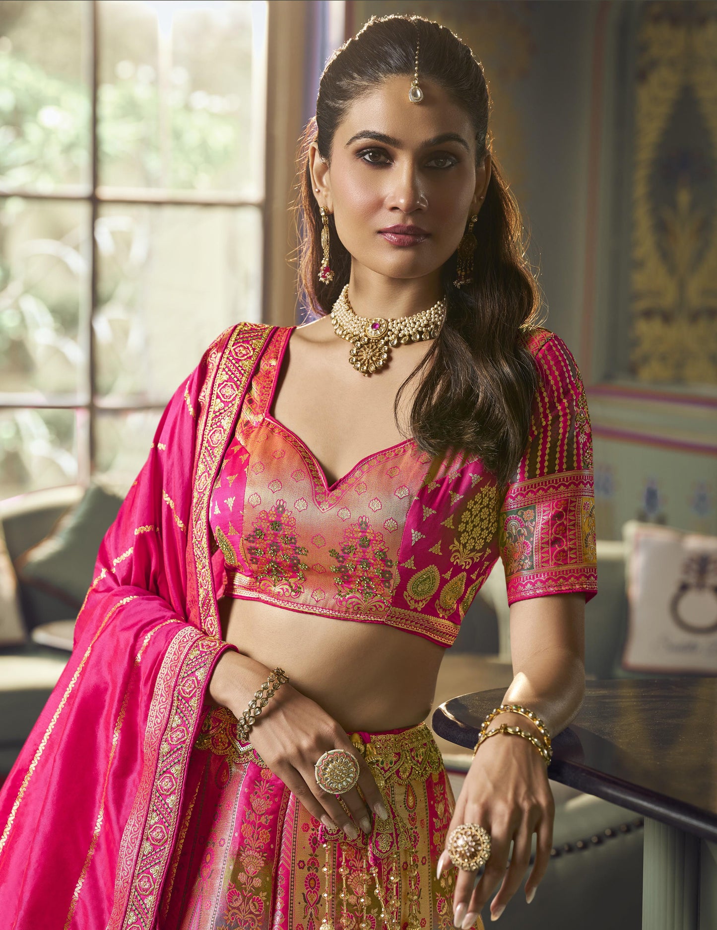 Multi Color Banarasi Silk Sequins & Swarovski Work Bridal Lehenga
