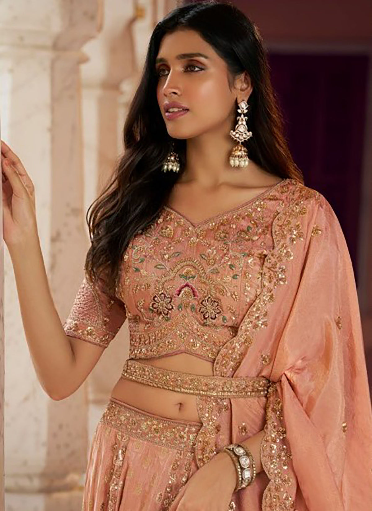 Peach Banarasi Silk Zari Weaving & Swarovski Work Bridal Lehenga