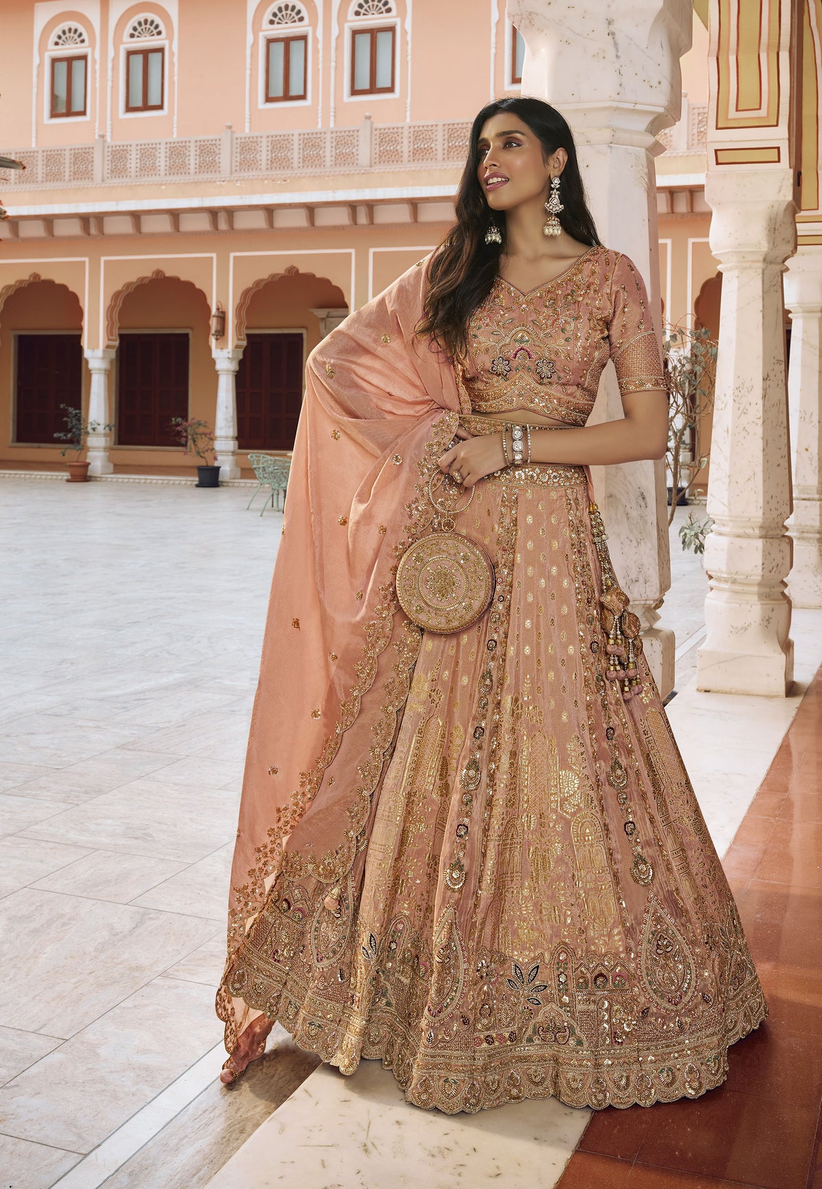 Peach Banarasi Silk Zari Weaving & Swarovski Work Bridal Lehenga