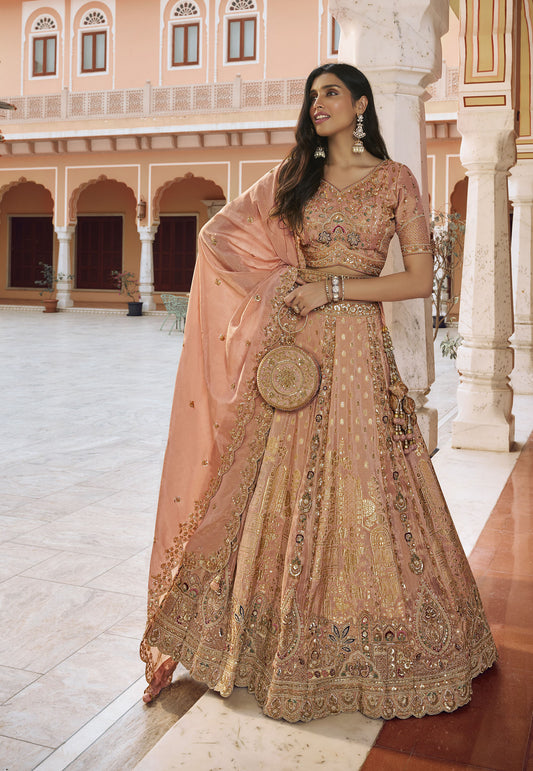 Peach Banarasi Silk Zari Weaving & Swarovski Work Bridal Lehenga