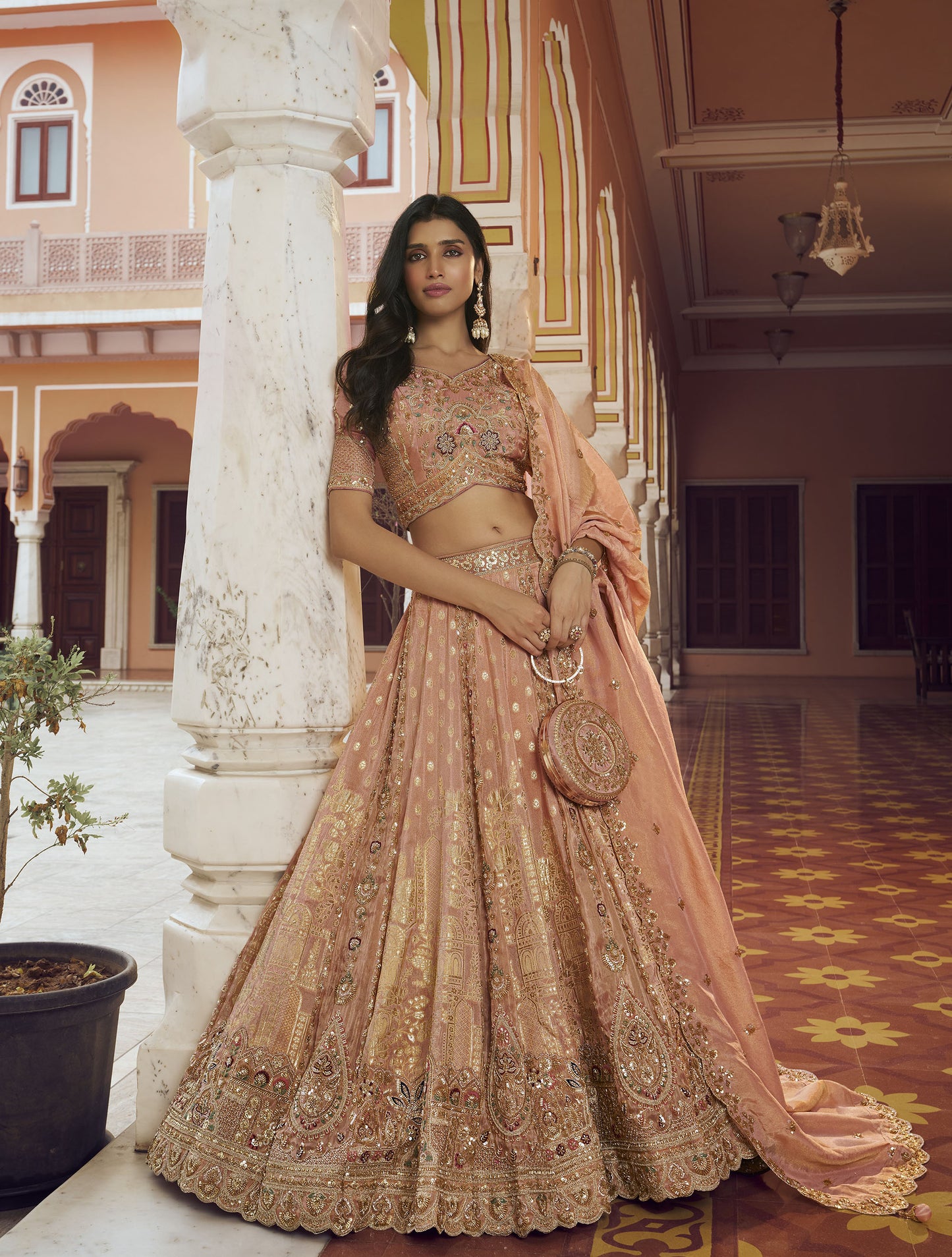 Peach Banarasi Silk Zari Weaving & Swarovski Work Bridal Lehenga
