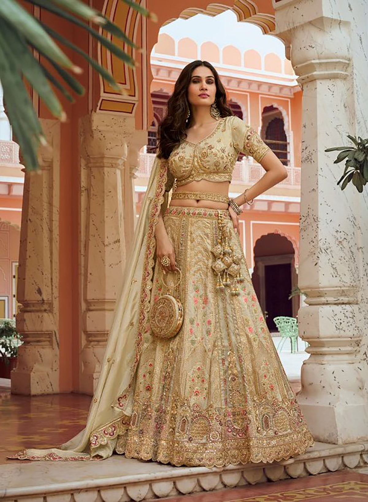 Beige Banarasi Silk Zari Weaving & Swarovski Work Bridal Lehenga